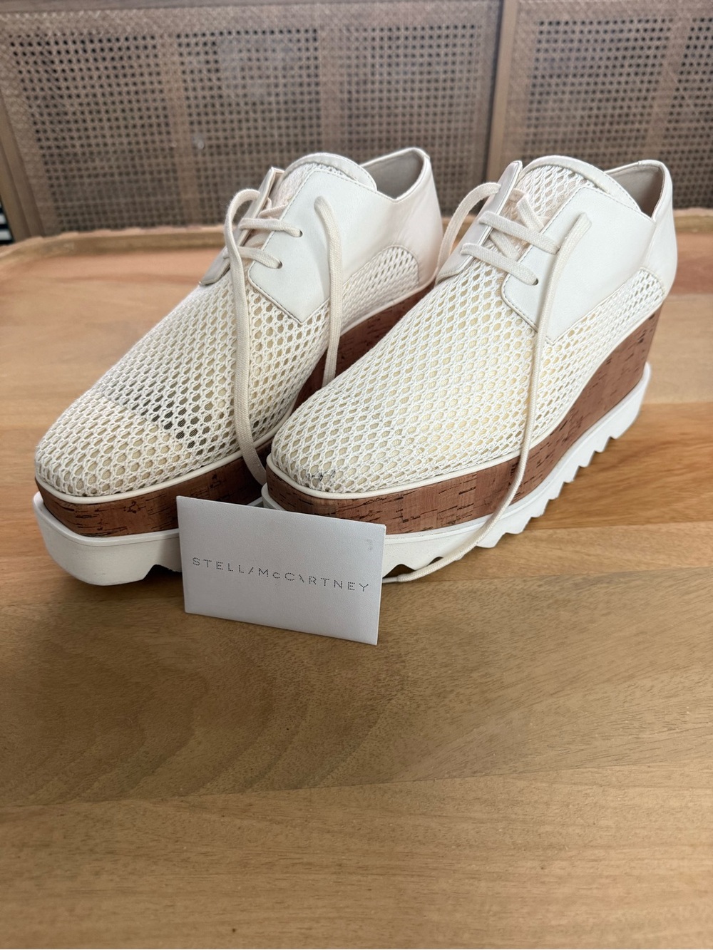 Stella McCartney Elyse Cream Mesh Platform Wedge Oxfords, size 41